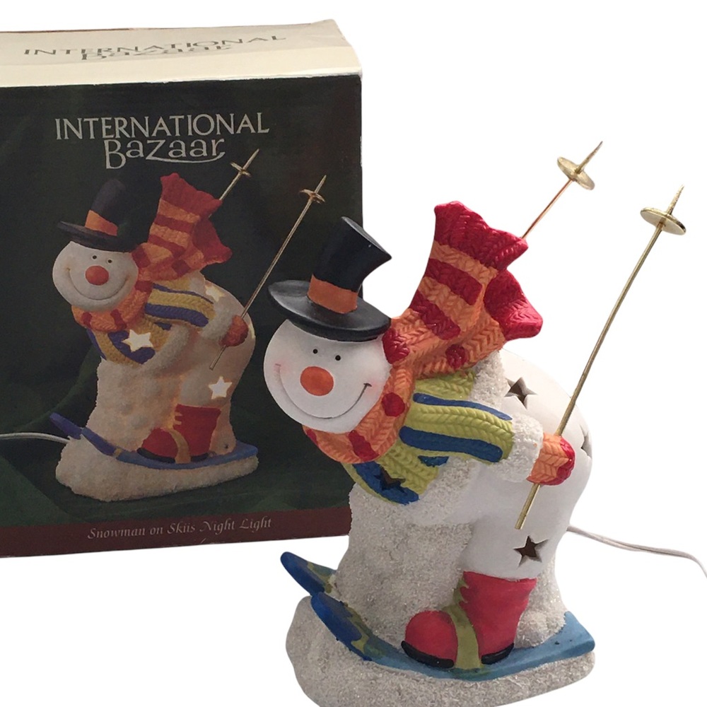 Christmas Holiday Decor Snowman Skiing Night Table Lamp Stars Ceramic Figurine